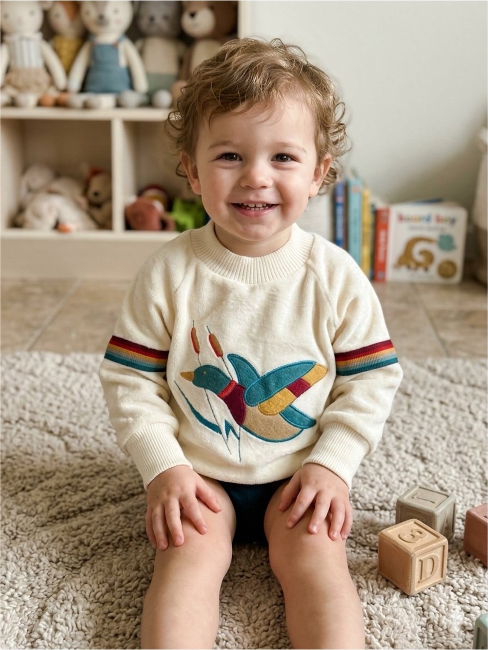 NWT VTG Deadstock HealthTex USA Velour Duck Baby Sweater Rainbow Stripe Cream 3T